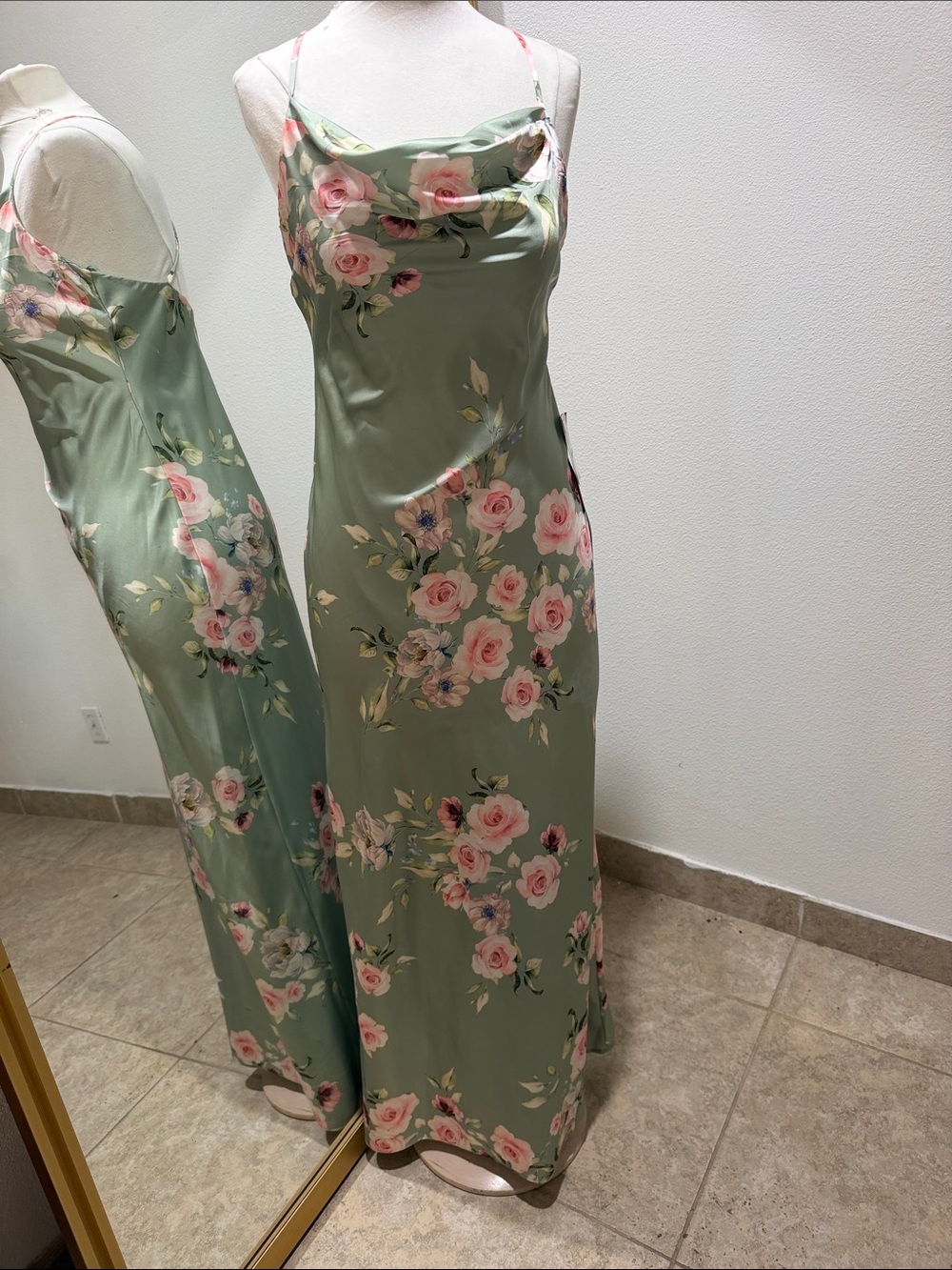 Floral Satin Cowl Neck Maxi Dress in Sage Green